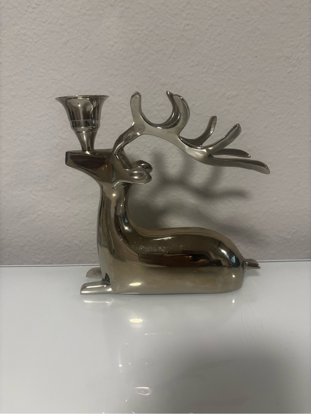 Silver Plated Over Brass Reindeer Candelabra Christmas Candle Holder Decorated